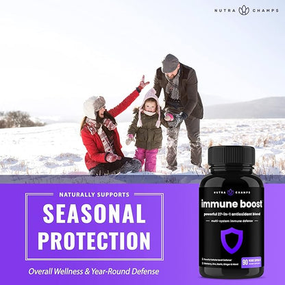 NutraChamps 27 in 1 Immune Support Supplement, 90 Immune Defense Capsules, 1000mg Vitamin C, 5000 IU D3, Elderberry, Zinc, 1 Billion CFU Probiotics & More (Pack of 2)