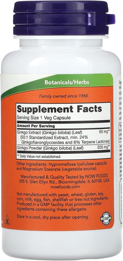 NOW Foods Ginkgo Biloba 60mg 24% Extract, 60 Capsules