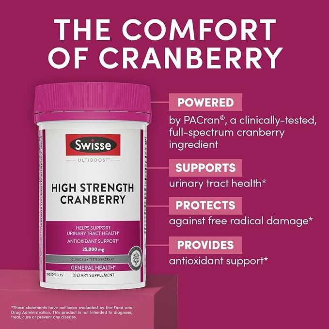 Swisse Cranberry Pills for Women & Men | PACran Cranberry Extract Supplement 25000mg | Urinary Tract Health Support for UTI * | Bladder & Kidney Support * | 100 Softgel Capsules