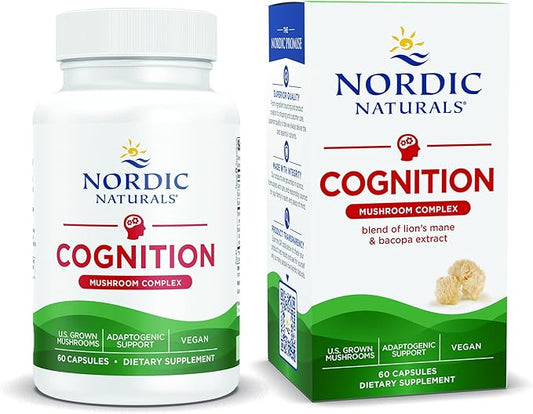 Nordic Naturals Cognition Mushroom Complex, Unflavored - 60 Capsules - Brain, Memory & Mood Support - Blend of Lion’s Mane Mushroom & Bacopa Extract - Non-GMO - Certified Vegan - 30 Servings