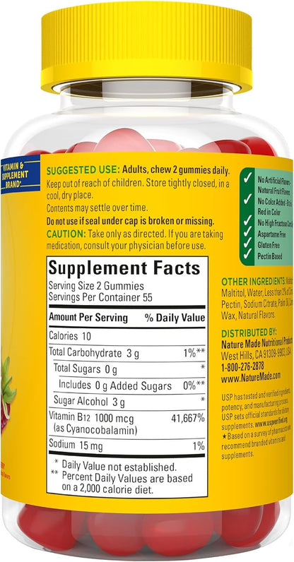 Nature Made Zero Sugar Energy Vitamin B12 Gummies 1000 mcg per Serving, B12 Vitamins, Energy Metabolism Support, Aspartame Free, 110 Sugar Free Gummies, 55 Day Supply