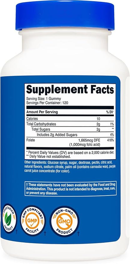 Nutricost Folic Acid (Vitamin B9) Vegetarian Gummies (120 Gummies, 1 mg Folic Acid Per Serving) - Supplement for Men & Women