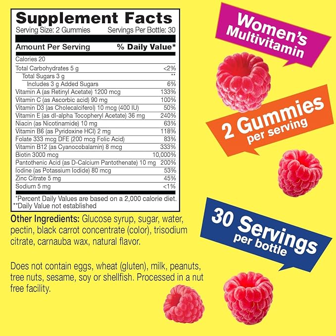 Womens Multivitamin Gummy - Overall Health and Well Being - Multivitamin for Women with Biotin (3,000 mcg), Zinc, B Vitamins and Folic Acid - Women Multivitamins Gummy - Raspberry Flavor - 60 Count