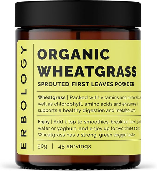 Erbology Organic Wheatgrass Powder 3.2 oz - 45 Servings - Body Cleansing and Gut Health Support - Rich in Chlorophyll and Iron - Sustainably Sourced in Europe - Small Batch - Vegan - GMO-Free
