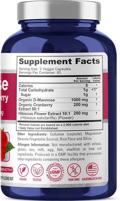 NusaPure D-Mannose Complex 1400 mg (with Hibiscus and Cranberry) - 180 Veggie Caps.