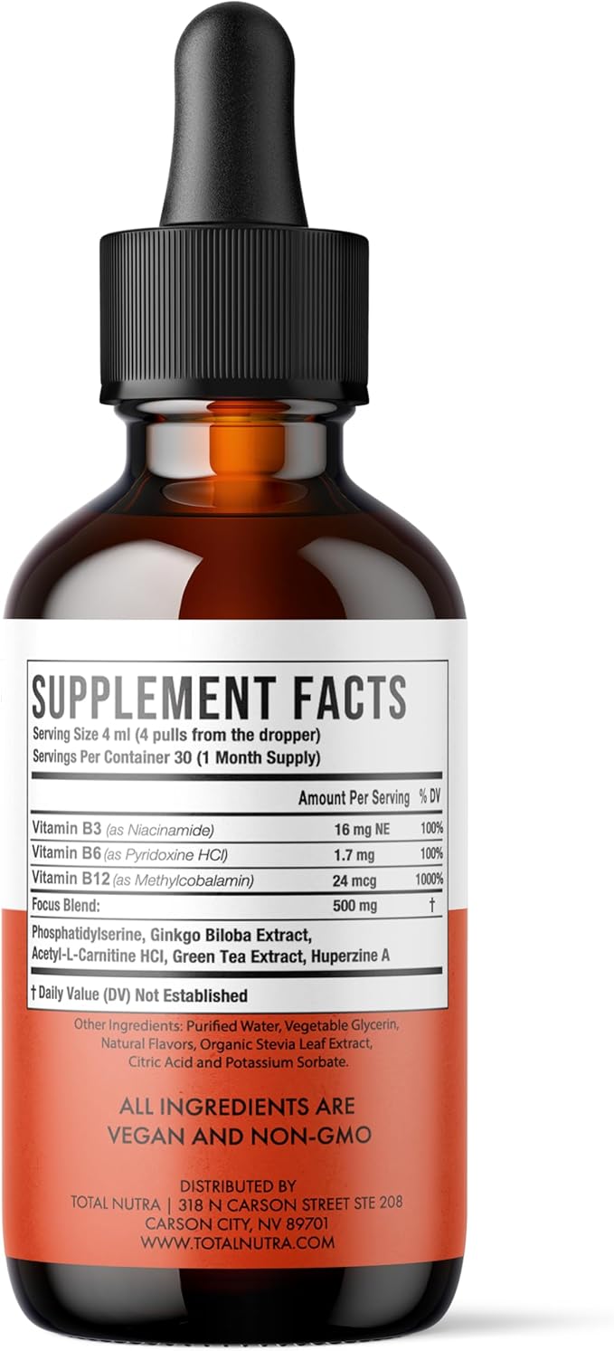 Extra Strength Liquid B12 Vitamin Drops- Vitamins B12, B6, B3- Vegan and Non GMO- Instant Energy, Focus & Metabolism Support with Green Tea, Carnitine & Ginkgo Biloba- Alternative to B Complex Capsule