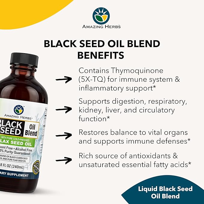 Amazing Herbs Cold-Pressed Black Seed and Flax Seed Oil Blend - Gluten-Free, Non-GMO, High in Omega 3, 6, & 9, Supports Joint, Brain, and Heart Function - 8 Fl Oz