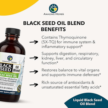 Amazing Herbs Cold-Pressed Black Seed and Flax Seed Oil Blend - Gluten-Free, Non-GMO, High in Omega 3, 6, & 9, Supports Joint, Brain, and Heart Function - 8 Fl Oz