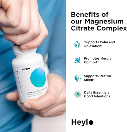 Heylo Magnesium Citrate Complex 500 mg - High Absorption Formula for Muscle Relaxation, Energy Support, Bone & Heart Health, Digestion, Stress Relief - Non-GMO, Vegan, 60 Capsules