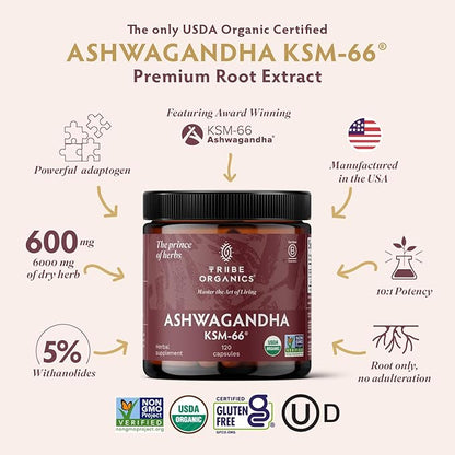 TRIBE ORGANICS Ashwagandha KSM 66 Pure Organic Root Powder Extract Ayurvedic Supplement - Focus Mood Support Increase Energy Strength 600mg of Natural KSM66 for Superior Absorption - 90 Capsules