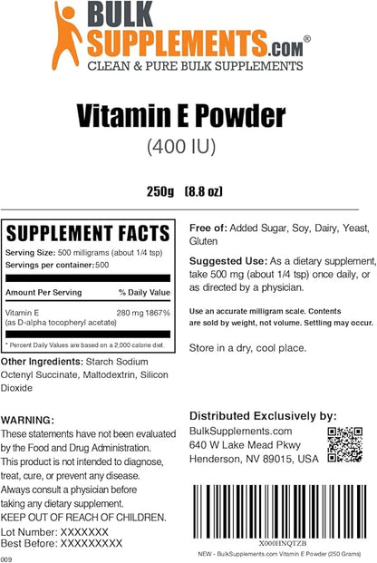 BulkSupplements.com Vitamin E 400 IU Powder - as D-Alpha Tocopherol, Nutritional Supplements - Gluten Free, 500mg per Serving, 250g (8.8 oz) (Pack of 1)