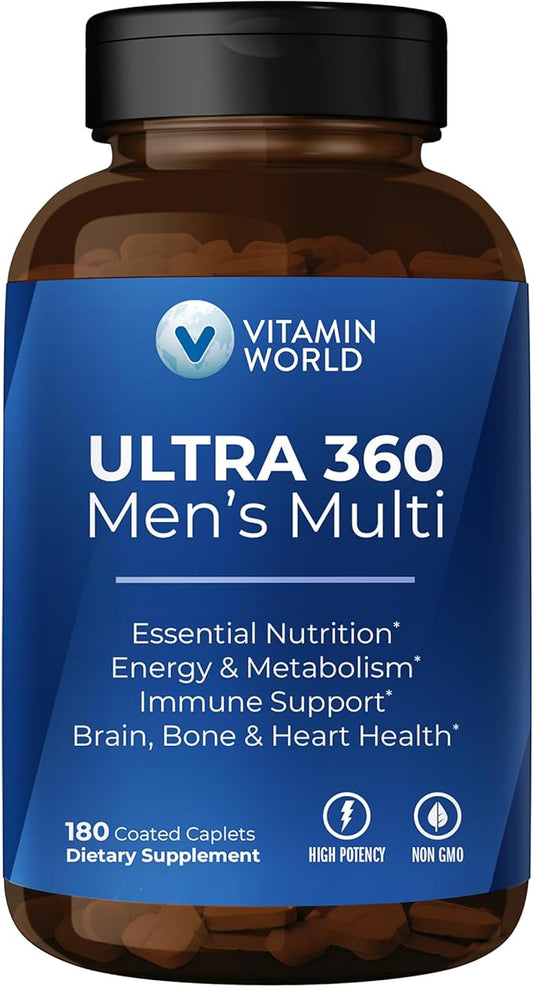 Vitamin World Ultra 360 Multivitamin for Men, Men's Multivitamin with Herbs & Antioxidants for Energy & Performance, Supplement with Vitamin A, C, D, E, B12 & Zinc for Immune Support, 180 Caplets