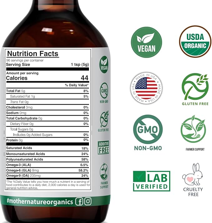 Mother Nature USDA Organic Black Seed Oil – Cold Pressed, Unrefined & Vegan Nigella Sativa, High Thymoquinone (2%+), Omega 3 6 9 for Immune, Joint & Heart Support, Hair & Skin, Non-GMO, 16oz