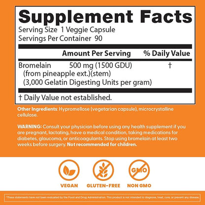 Doctor's Best 3000 GDU Bromelain Proteolytic Digestive Enzymes Supplements, Supports Healthy Digestion, Joint Health, Nutrient Absorption, 500 mg,Capsule, 90 Count(Pack of 1)