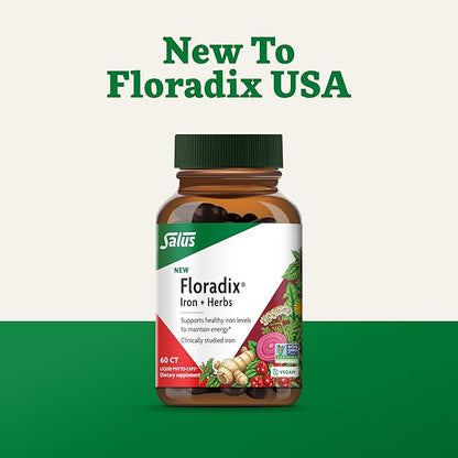 Floradix Iron + Herbs - Iron Supplement for Healthy Energy Support* - Vegan, Non-GMO, Gluten-Free, Soy-Free - 60 Liquid Phyto-Caps