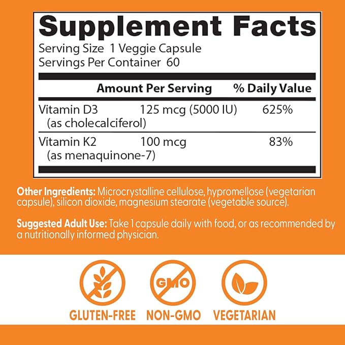 Doctor's Best Vitamin D3 + K2 (Vitamin K2 as MK-7), Supports Bone, Tissue, & Arterial Health, Calcium Absorption • Non-GMO • Gluten Free • Vegetarian, 5000 IU, 60 Veggie Caps