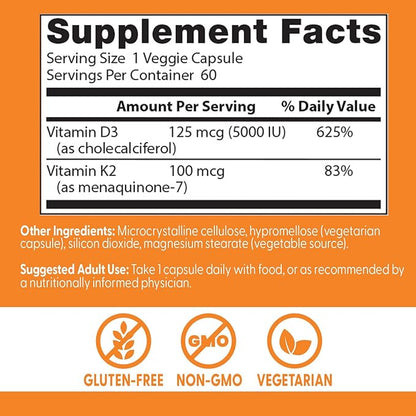 Doctor's Best Vitamin D3 + K2 (Vitamin K2 as MK-7), Supports Bone, Tissue, & Arterial Health, Calcium Absorption • Non-GMO • Gluten Free • Vegetarian, 5000 IU, 60 Veggie Caps