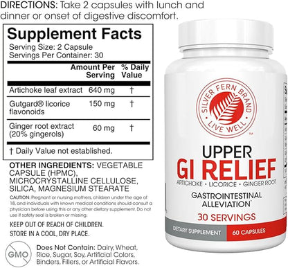 Silver Fern GI Relief - Natural Herbal Supplement - All Natural with Artichoke Leaf Extract, Ginger Root Extract, and GutGuard Licorice Flavonoids (1 Bottle - 60 Capsules - 30 Day Supply)