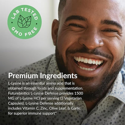 Futurebiotics L-Lysine Defense Immune Support Complex 1500 MG Per Serving with Vitamin C, Zinc, Olive Leaf & Garlic - Non-GMO, 250 Vegetarian Capsules
