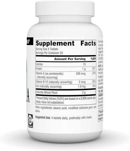 Source Naturals Chlorella 500 mg Green Superfood, Plant-Based B12-200 Tablets