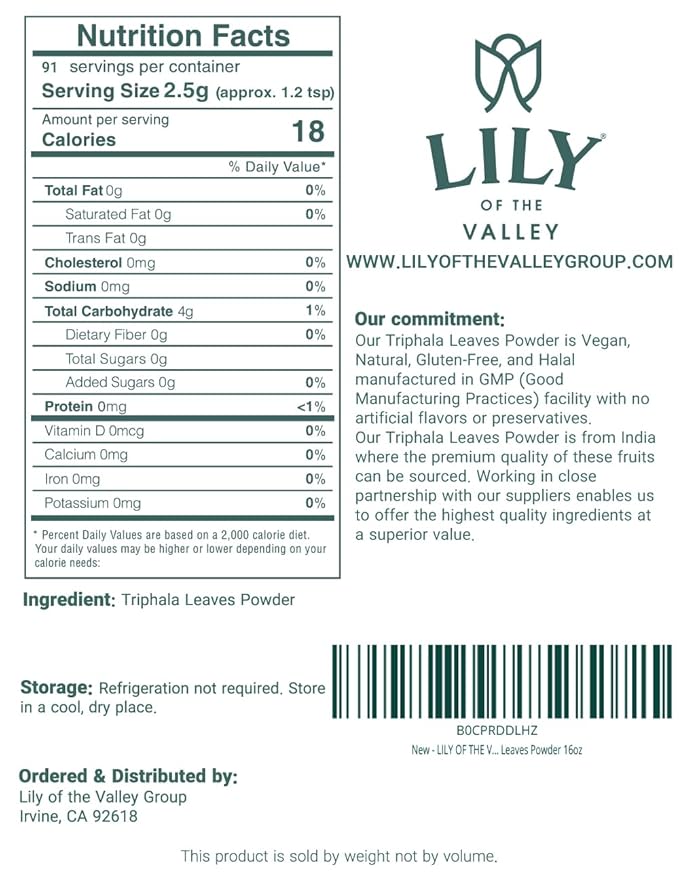 LILY OF THE VALLEY Triphala Powder - Mix of Amla, Haritaki & Bibhitaki - Sourced from India - Herbal Adaptogen Superfood - Vegan & Gluten-Free (8oz, 226g)- Package May Vary