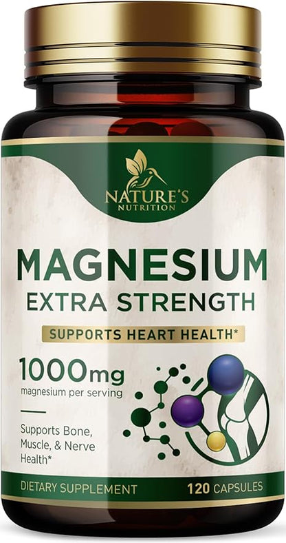 Magnesium Supplement (Citrate Oxide) 1000mg for Best Absorption, Supports Bone, Heart Health, Nerves, Muscles & Metabolism, Nature's Pure Magnesio Vitamin Pills, Bottled in USA, 120 Capsules