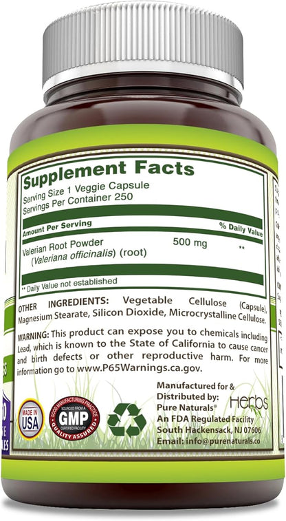 Pure Naturals Valerian Root Supplement | 500 Mg | Veggie Capsules | Non-GMO | Gluten Free | Made in USA (250 Count)