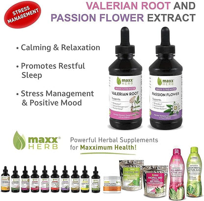 Maxx Herb Passion Flower Extract + Valerian Root Extract - for Relaxation and Stress Management, Alcohol-Free - (1 Each) 4 Oz Bottle (60 Servings)