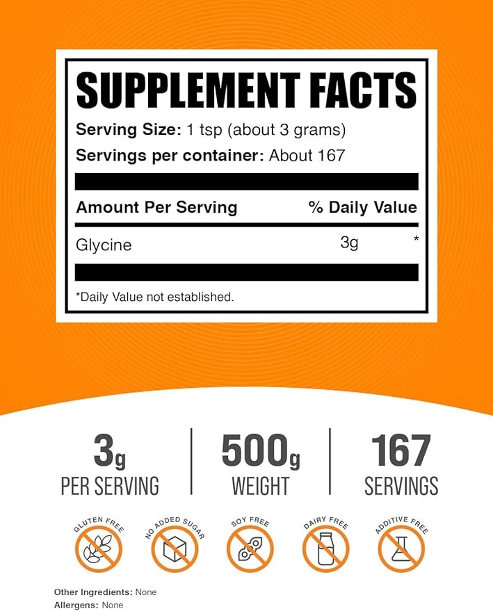 BulkSupplements.com Glycine Powder - Glycine Supplements, Amino Acid Supplement - Unflavored & Gluten Free, 3g per Serving, 500g (1.1 lbs) (Pack of 1)
