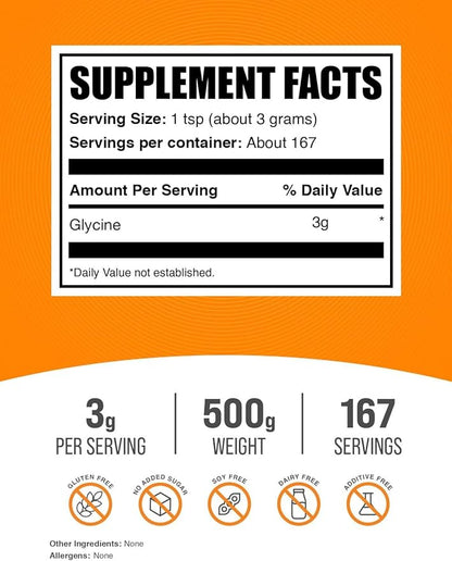 BulkSupplements.com Glycine Powder - Glycine Supplements, Amino Acid Supplement - Unflavored & Gluten Free, 3g per Serving, 500g (1.1 lbs) (Pack of 1)