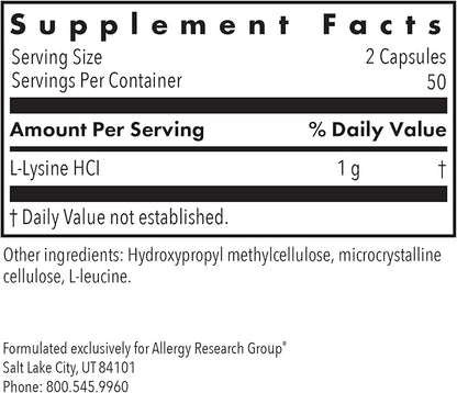 Allergy Research Group L-Lysine - Immune Support, L-Lysine HCI, Free Form Amino Acid, 500mg Supplement, Pure, Organic, Vegetarian Capsules - 100 Count