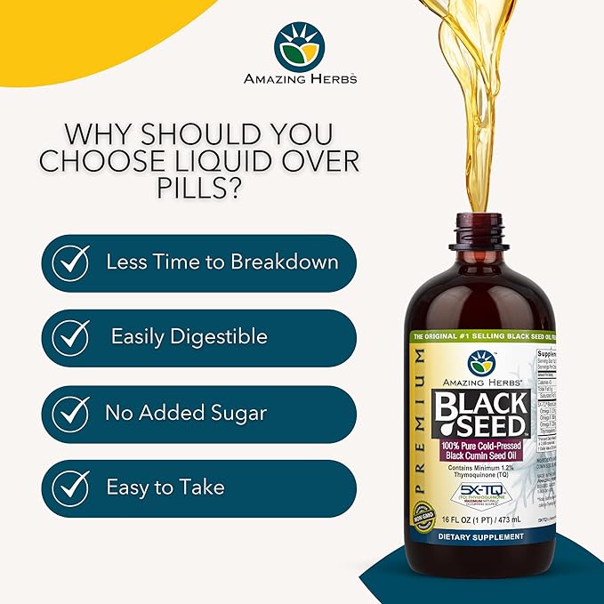 Amazing Herbs Premium Black Seed Oil - Gluten Free, Non GMO, Cold Pressed Nigella Sativa Aids in Digestive Health, Immune Support, Brain Function - 16 Fl Oz (Pack of 2)