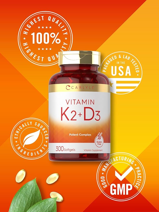 Carlyle Vitamin K2 and D3 Supplement | 300 Softgels | 200mcg K2 MK7 & 10,000 IU D3 | Non-GMO, Gluten Free