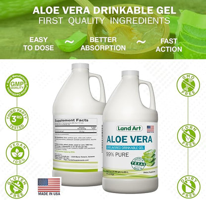 Land Art Pure Aloe Vera Drinkable Gel Unflavored - Cold-Processed Inner Filet - from Organic Fresh Leaves from Texas - for Heartburn Relief - Acid Reflux - 64 fl oz