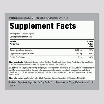Piping Rock Calcium Magnesium Zinc Supplement | 300 Coated Caplets | Non-GMO, Gluten Free