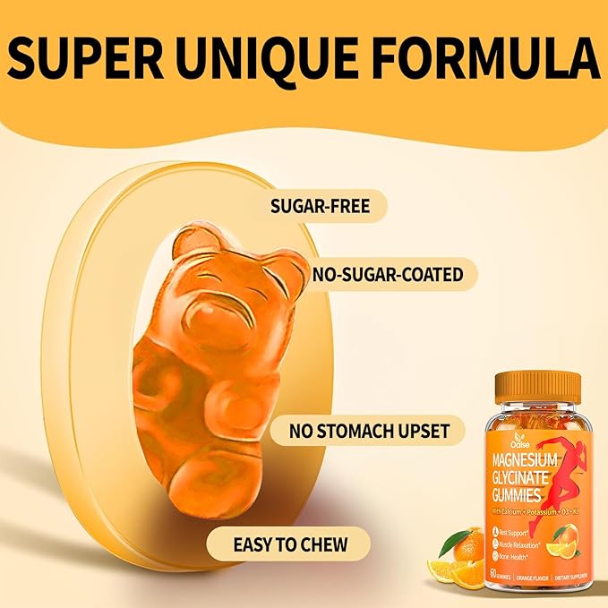 Magnesium Glycinate Gummies 600mg, Sugar Free Magnesium Potassium Supplement with Calcium, Vitamin D3, K2, CoQ10 for Adults and Kids, Stress & Muscle Relief, Orange (60 CT)