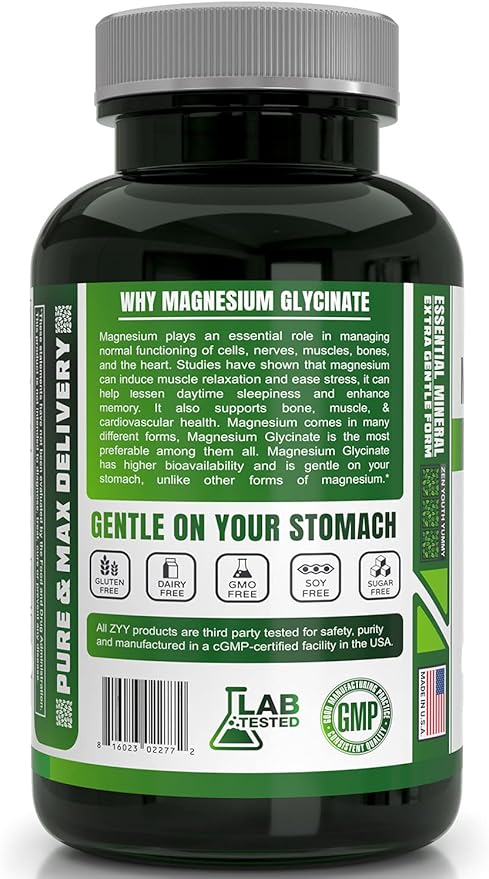 ZYY Pure Magnesium Glycinate Capsules 1000mg Maximum Strength, Chelated for High Absorption Magnesium Supplement for Sleep, Muscle, Brain, Bone and Heart Health, 3rd Party Tested, 180 Capsules
