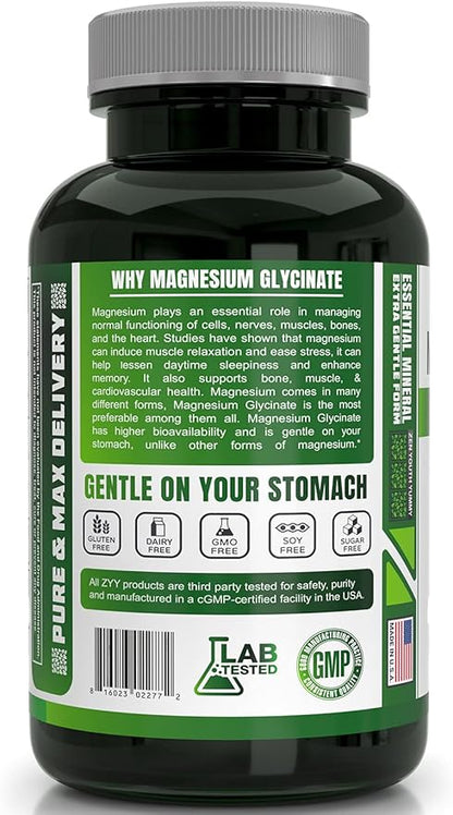 ZYY Pure Magnesium Glycinate Capsules 1000mg Maximum Strength, Chelated for High Absorption Magnesium Supplement for Sleep, Muscle, Brain, Bone and Heart Health, 3rd Party Tested, 180 Capsules