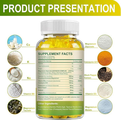 Magnesium Glycinate Gummies 400mg, Sugar Free Magnesium Taurate, Magnesium Malate Supplement with Vitamin D, B6, CoQ10 for Relaxation, Stress Relief, Muscle, Bone & Sleep Support- 60 Pineapple Gummies