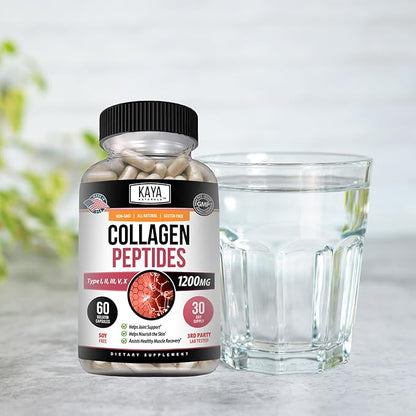 Kaya Naturals Multi Collagen Peptides Complex Powder for Women and Men, Types I, II, III, V & X | 60 Count Capsules