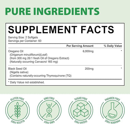 Oil of Oregano Softgels 6000mg, 2 in 1 Formulated with Black Seed Oil 200mg, Immune Support, Organic Oregano Oil Capsules, Natural Defense Supplement, Non-GMO, Easy to Swallow, 240 Softgels