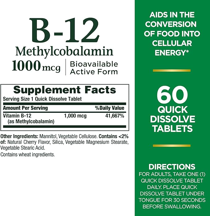 Nature's Bounty Vitamin B-12 Quick Dissolve Tablets, 1000mcg, Aids in The Conversion of Food into Cellular Energy, Cherry Flavor, 60ct