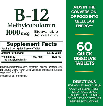 Nature's Bounty Vitamin B-12 Quick Dissolve Tablets, 1000mcg, Aids in The Conversion of Food into Cellular Energy, Cherry Flavor, 60ct