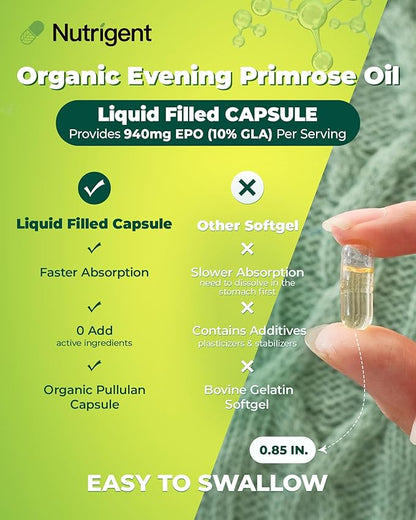 Organic Evening Primrose Oil Supplement, 940 mg 100% Pure with 10% GLA, High Absorption Liquid Organic Capsules, Promotes Women's Health & Skin Health, Cold Pressed, 60 Count