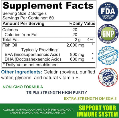 Omega 3 Burpless Max Strength Fish Oil Supplement, Dr. Formula 2000 mg with Vitamin E, 800 mg EPA 600 mg DHA Ultimate Brain, Hair Support Men & Women, Non-GMO 120 Small Liquid Rapid Release Softgels