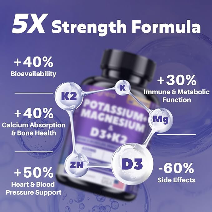 Magnesium Potassium Vitamin D3 K2 10000IU+120MCG Supplement - Supports Bone, Heart, Immune Health, Mood Balance & Energy for Women & Men - Enhanced Absorption, Non-GMO - 60 Capsules