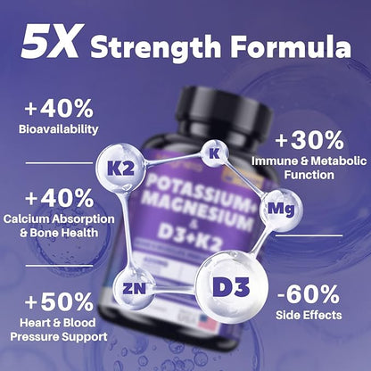 Magnesium Potassium Vitamin D3 K2 10000IU+120MCG Supplement - Supports Bone, Heart, Immune Health, Mood Balance & Energy for Women & Men - Enhanced Absorption, Non-GMO - 60 Capsules