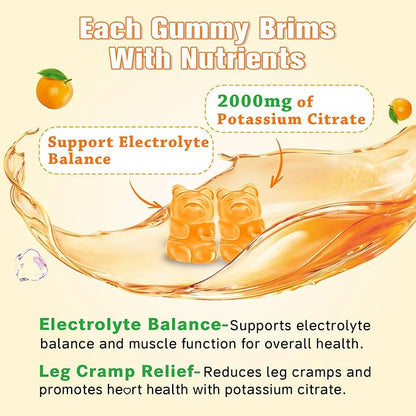 2 Pack Potassium Citrate Gummies – High Potency Potassium Supplement for Muscle Health, Leg Cramp Relief, Electrolyte Balance – Vegan, Non-GMO, Gluten-Free, Orange Flavor, 120 Count