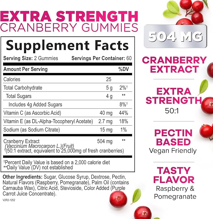 Cranberry Supplement Gummies + Vitamin C - Made with 25,000mg 50:1 Cranberry Extract to Help Cleanse and Protect The Urinary Tract, Nature's Chewable Cranberry Pills for Women, Non-GMO - 120 Gummies