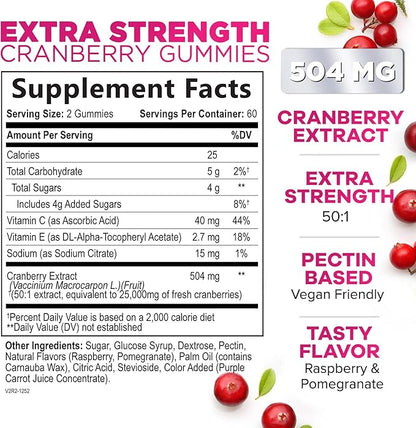Cranberry Supplement Gummies + Vitamin C - Made with 25,000mg 50:1 Cranberry Extract to Help Cleanse and Protect The Urinary Tract, Nature's Chewable Cranberry Pills for Women, Non-GMO - 120 Gummies